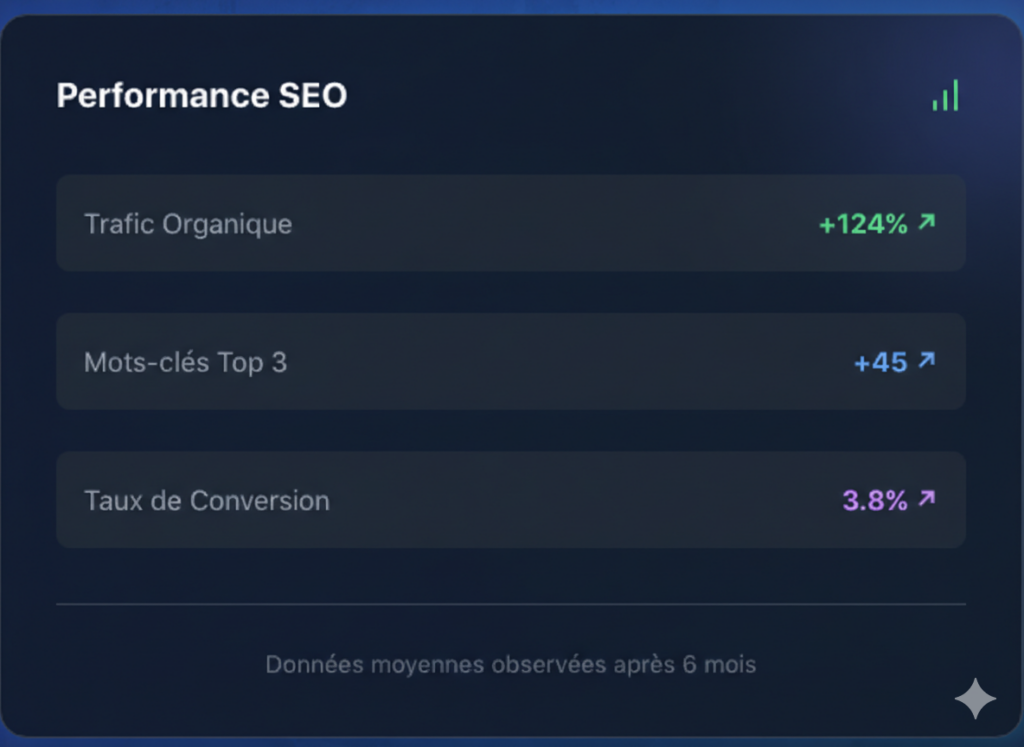 Des résultats concrets pour votre stratégie de référencement naturel
L'image ci-dessus illustre l'impact réel d'une stratégie SEO bien exécutée sur une période de 6 mois. En travaillant sur l'optimisation technique et sémantique, nous parvenons à des résultats mesurables qui transforment votre visibilité digitale : 

Boost du trafic organique : Une augmentation de +124% de visiteurs qualifiés provenant directement des moteurs de recherche comme Google.

Domination des mots-clés : Un gain de 45 positions dans le Top 3 sur des requêtes stratégiques et concurrentielles.

Optimisation du taux de conversion : Une amélioration à 3.8%, prouvant que nous n'attirons pas seulement du trafic, mais des clients potentiels prêts à passer à l'action.

Faire appel à un expert en référencement permet de stabiliser votre croissance à long terme et de maximiser votre retour sur investissement (ROI).