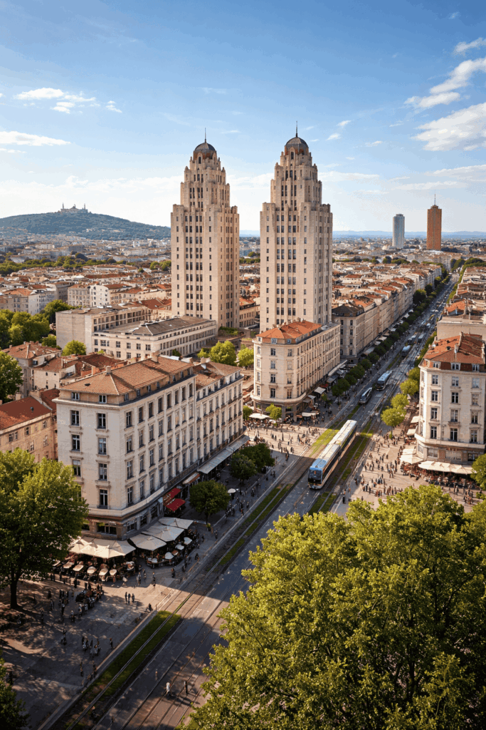 Vue panoramique ultra réaliste de Villeurbanne avec les célèbres Gratte-Ciel et l’avenue Henri Barbusse animée, illustrant le dynamisme économique de la ville. Cette image représente parfaitement l’importance du RÉFÉRENCEMENT LOCAL VILLEURBANNE pour les entreprises souhaitant améliorer leur visibilité sur Google, attirer des clients de proximité et dominer les résultats de recherche dans la métropole lyonnaise.