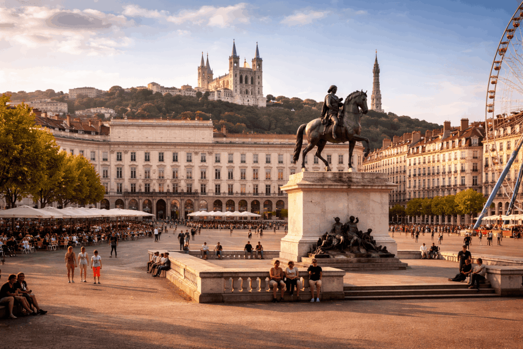 Place Bellecour à Lyon 2 avec la statue de Louis XIV, la grande roue et la basilique de Fourvière en arrière-plan, au cœur de la Presqu’île. Référencement Local Lyon 2
