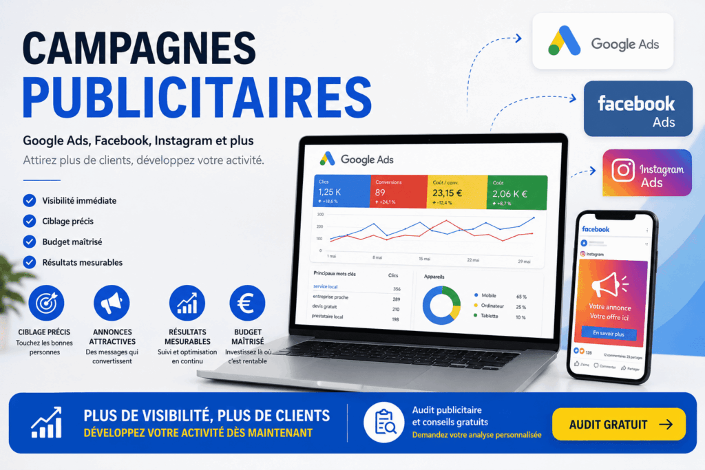 Campagnes publicitaires Google Ads Facebook et Instagram pour développer la visibilité d'une entreprise