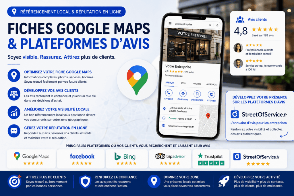 Fiches Google Maps & Plateformes d’Avis / Expert Seo Local 1 Optimisation de fiche Google Maps et gestion des avis clients pour le référencement local