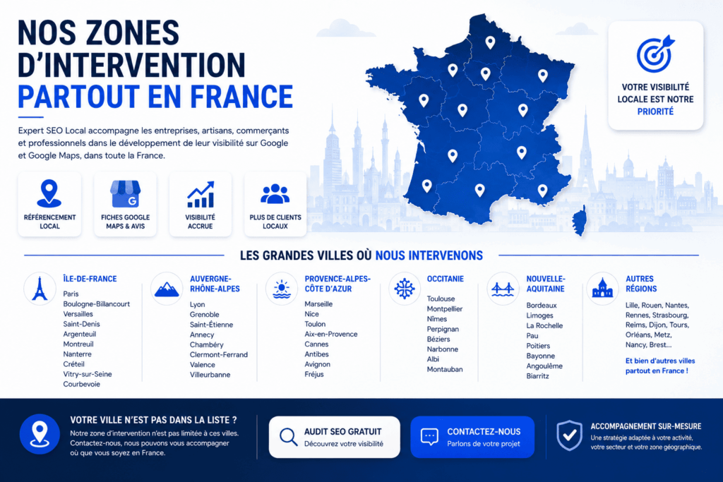 Nos zones d'intervention : Référencement local / Expert Seo Local 1 Zones d’intervention Expert SEO Local partout en France
